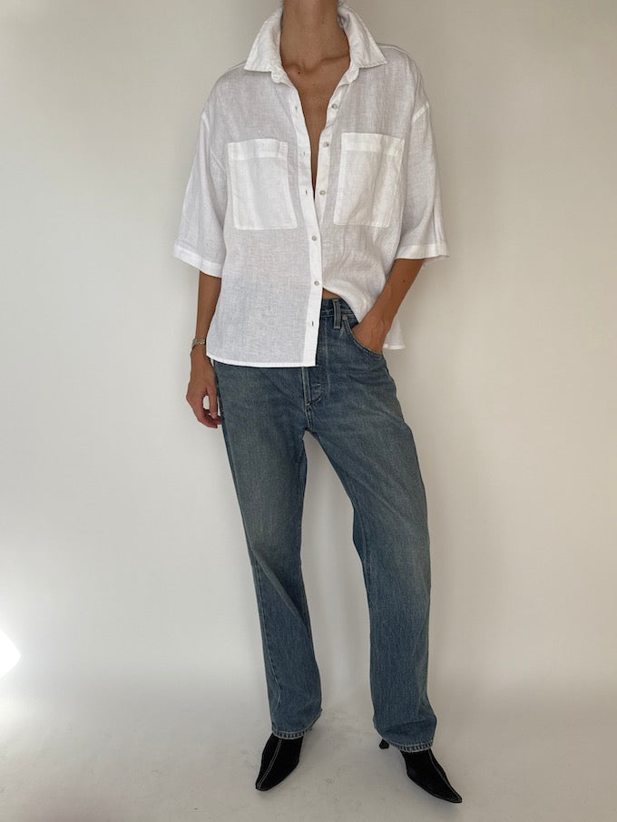 Vintage Linen Short-Sleeve Shirt White 6208