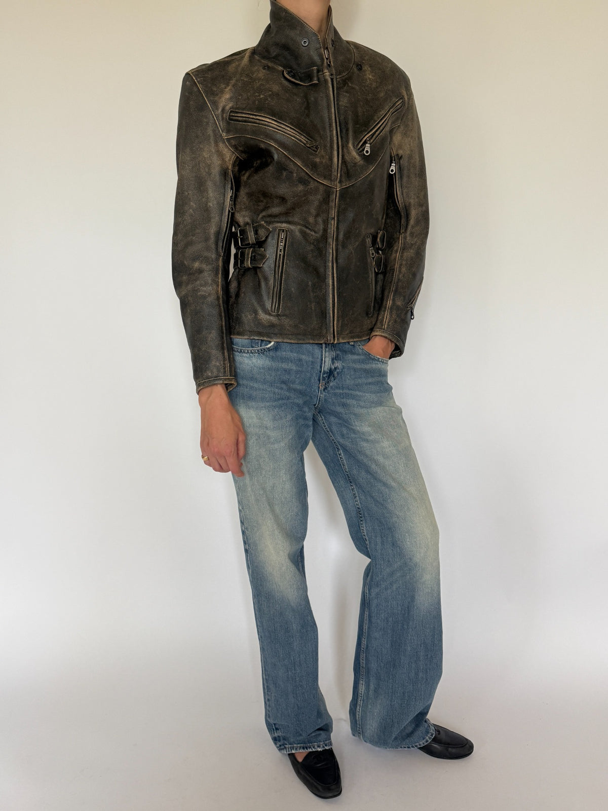 Vintage distressed leather moto jacket front view