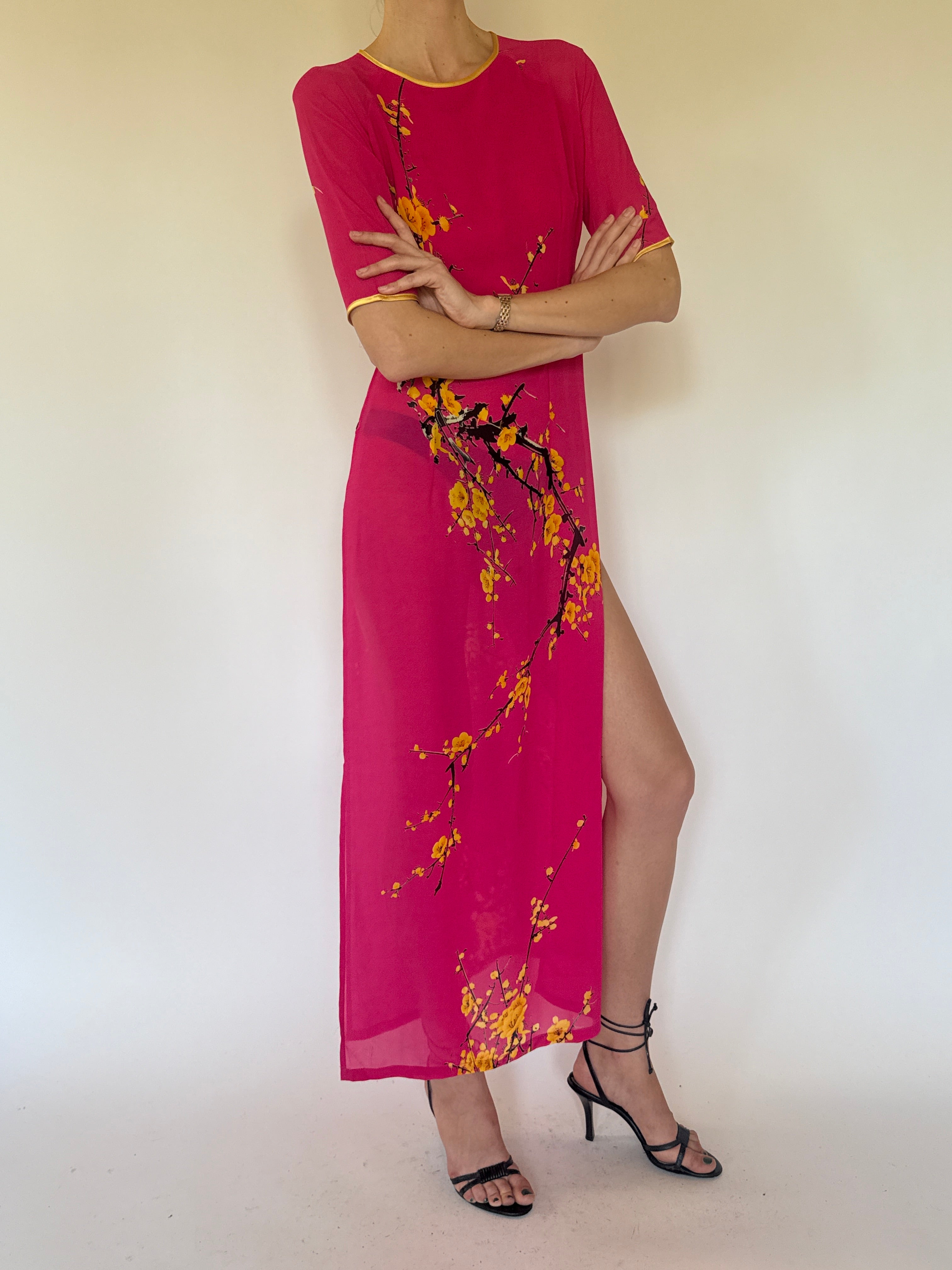 Vintage pink Chinese-inspired floral dress front view