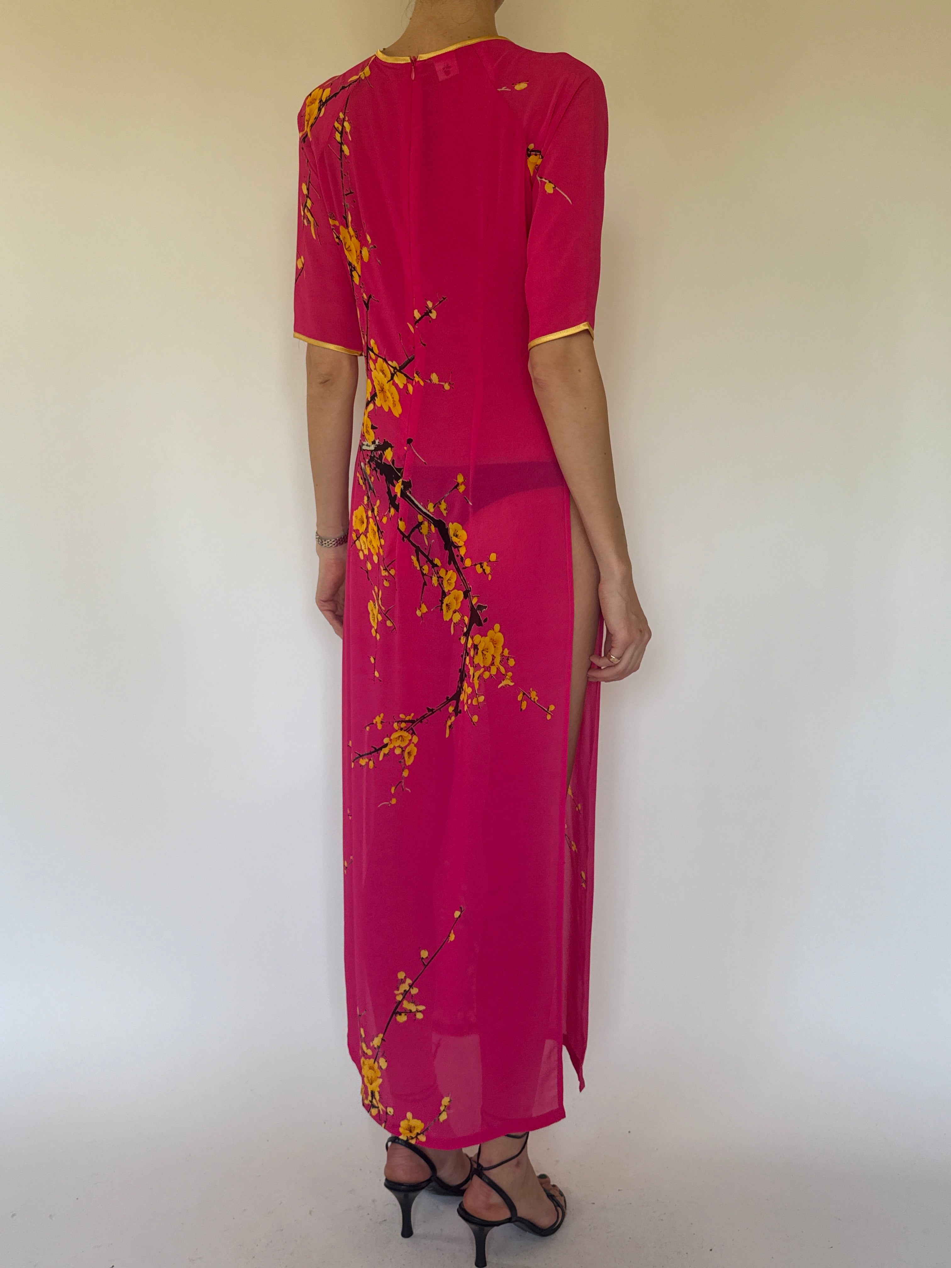Vintage pink Chinese-inspired floral dress back view