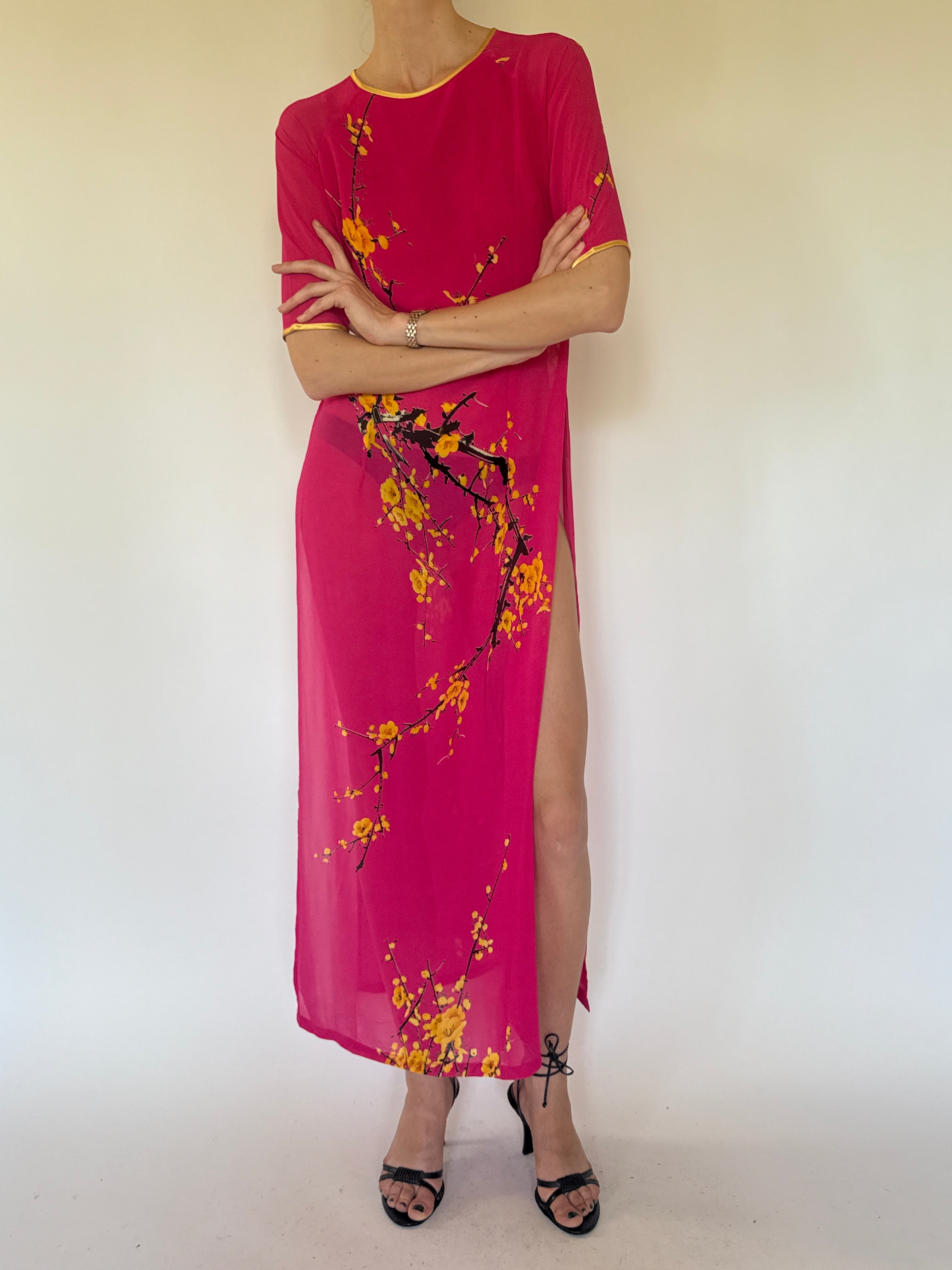 Vintage pink Chinese-inspired floral dress front view