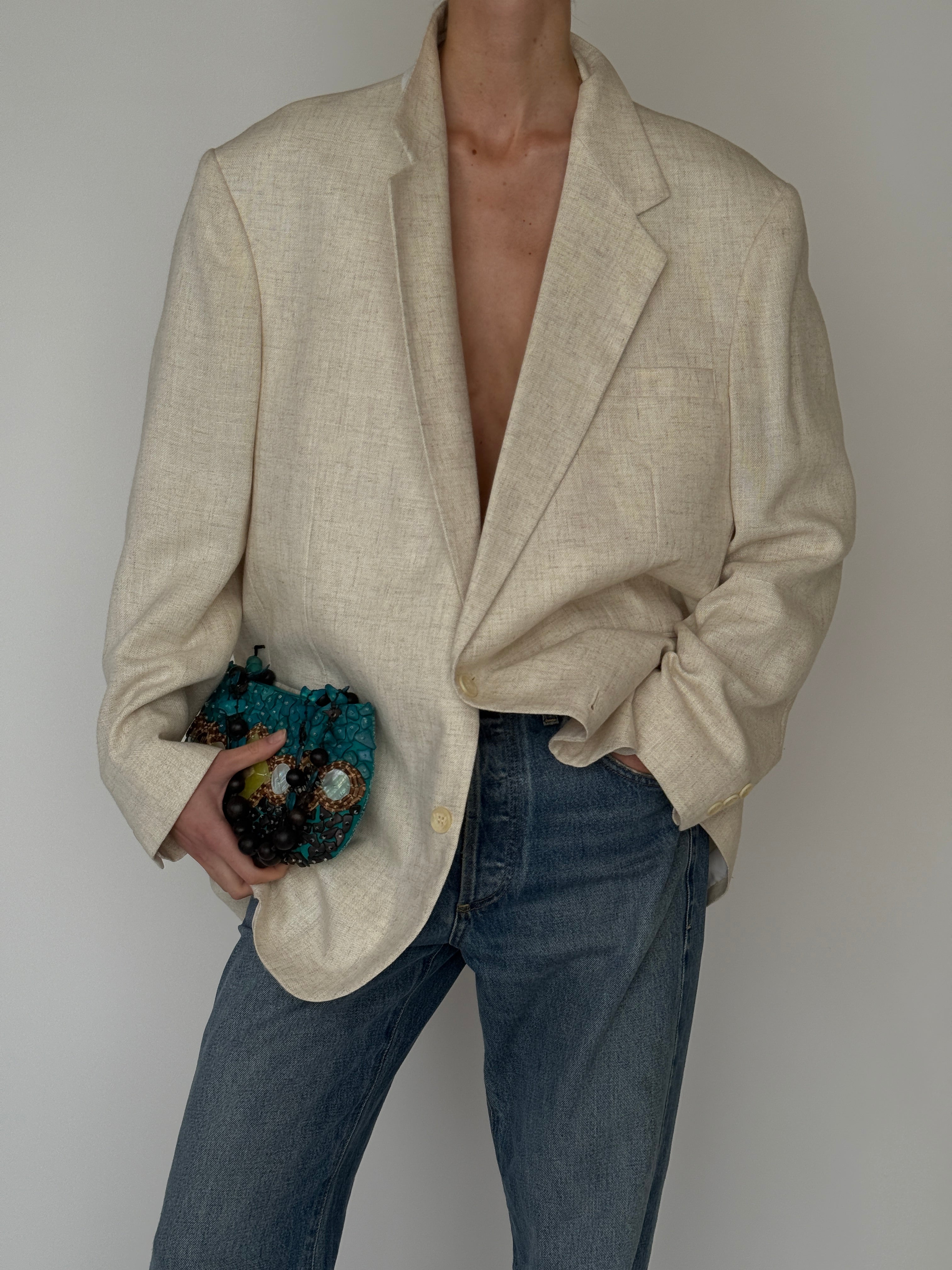 Vintage linen oversized blazer natural button detail