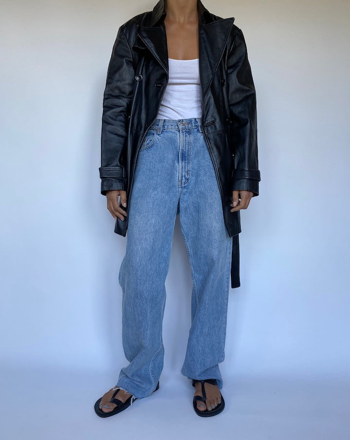 VINTAGE BLACK LEATHER TRENCH JACKET 3067