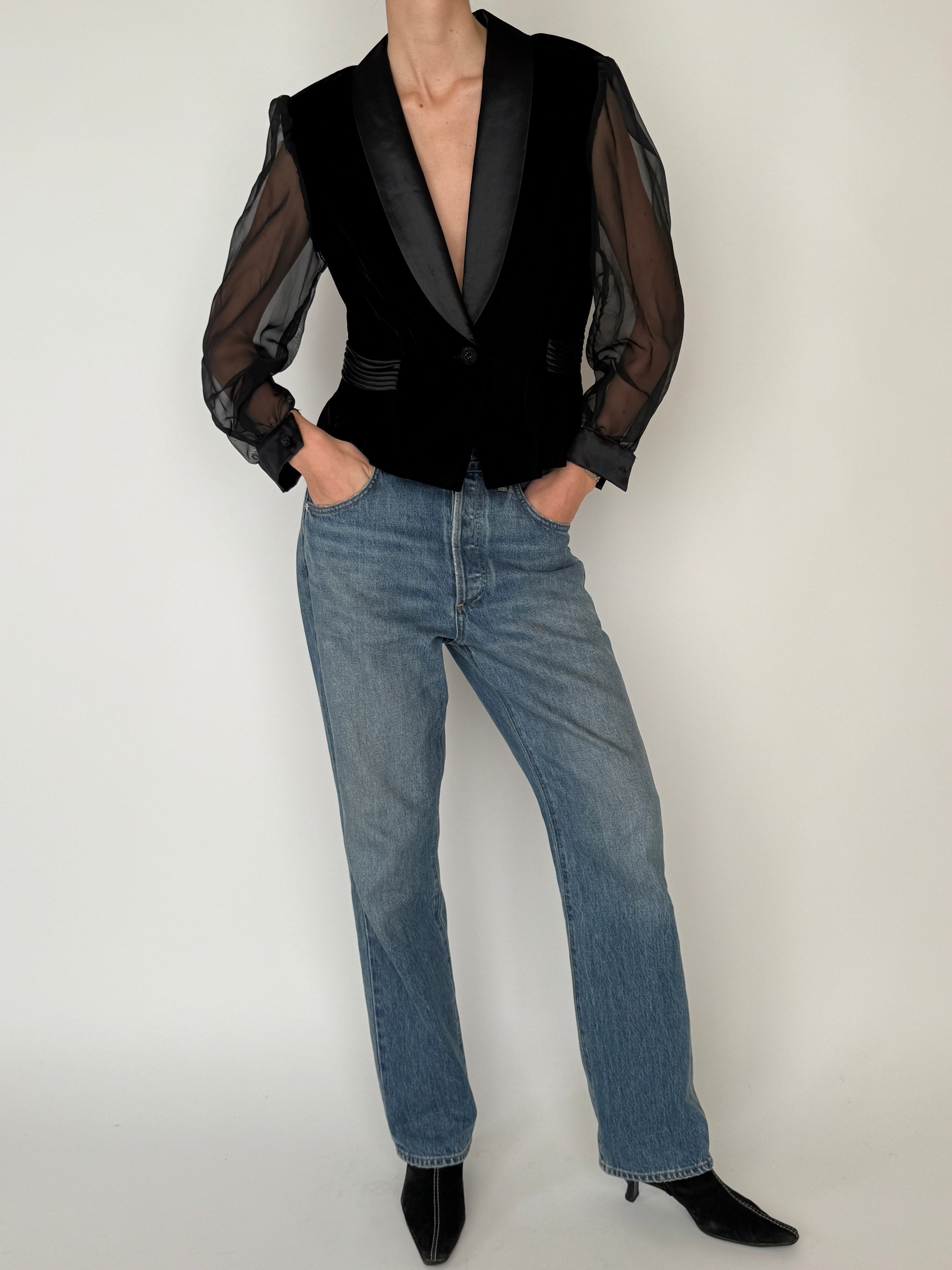 Vintage black velvet sheer sleeve top front view full body