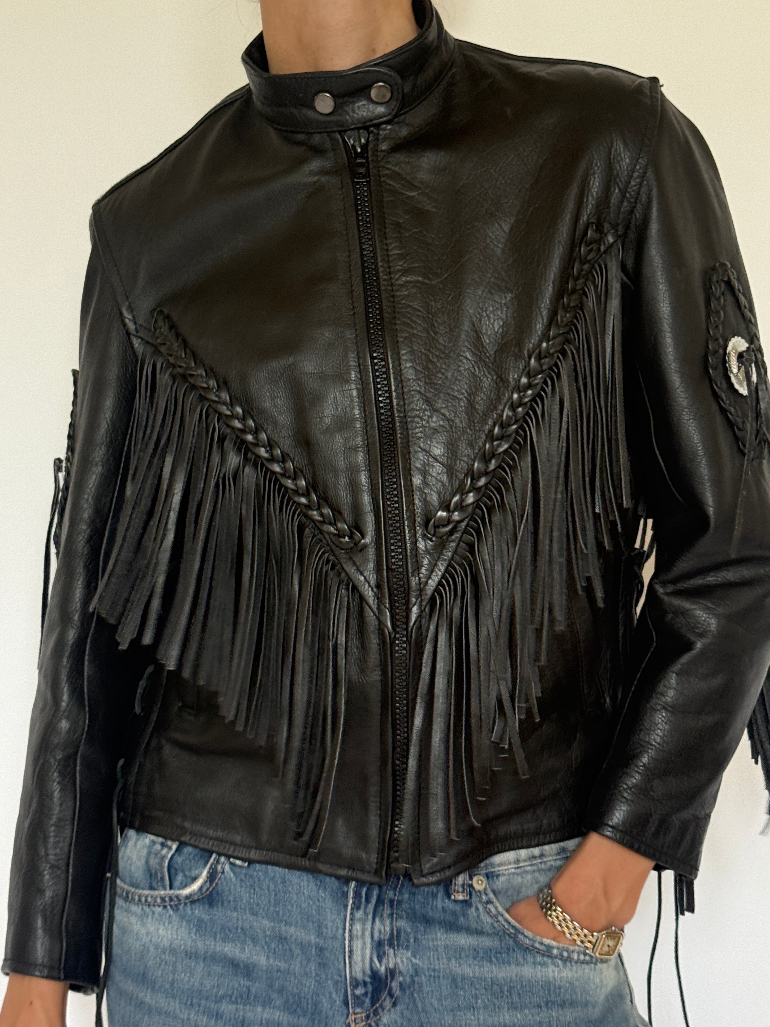 Vintage structured Western fringe motorcycle leather jacket front view