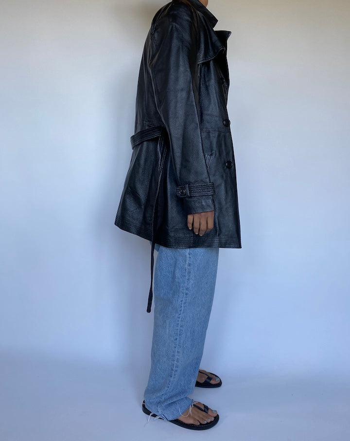 VINTAGE BLACK LEATHER TRENCH JACKET 3067