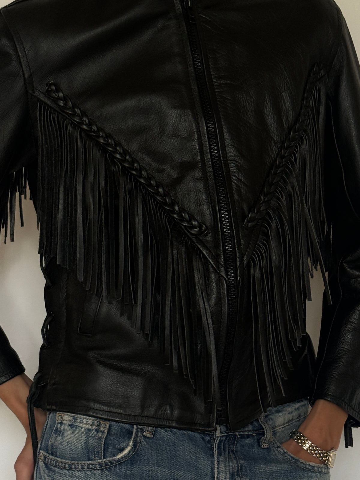 Vintage structured Western fringe motorcycle leather jacket front view