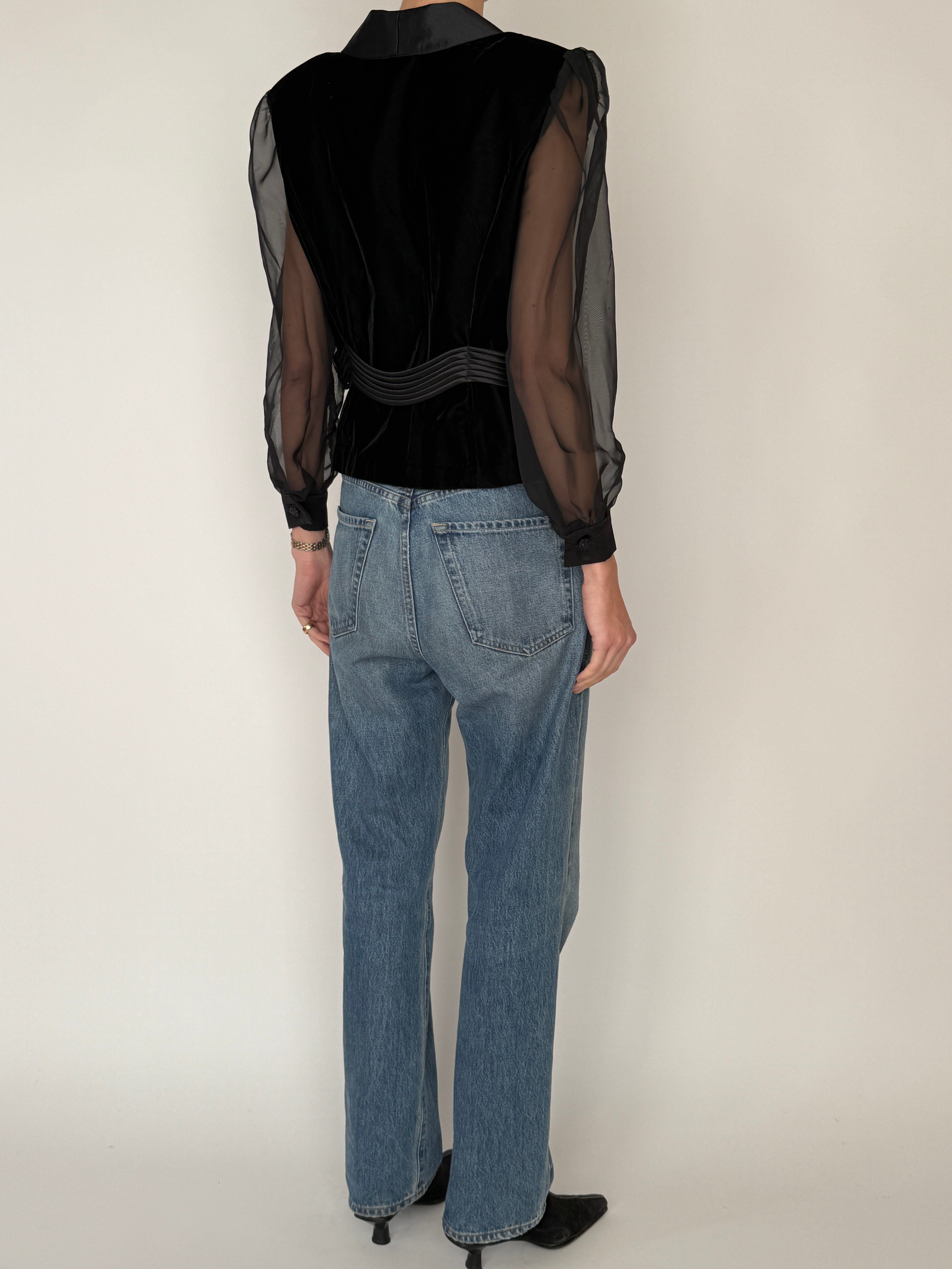 Vintage black velvet sheer sleeve top back view
