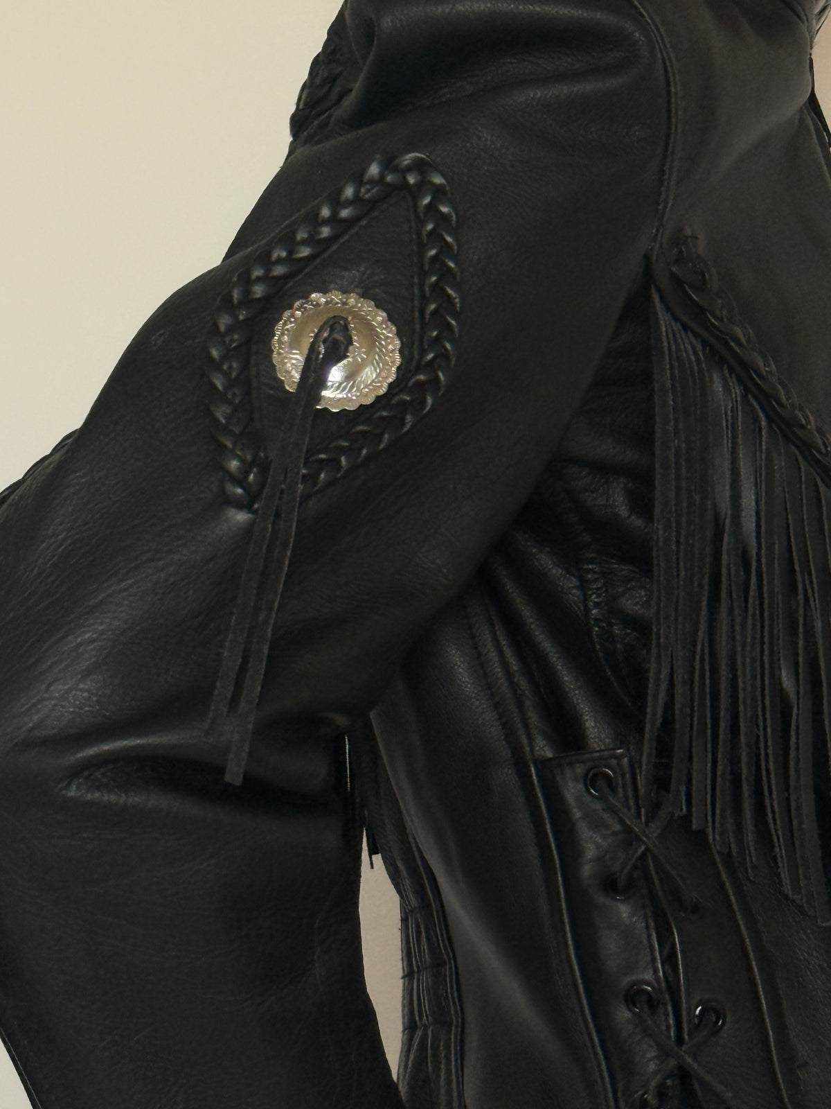 Vintage black motorcycle leather jacket silver-tone concho detail