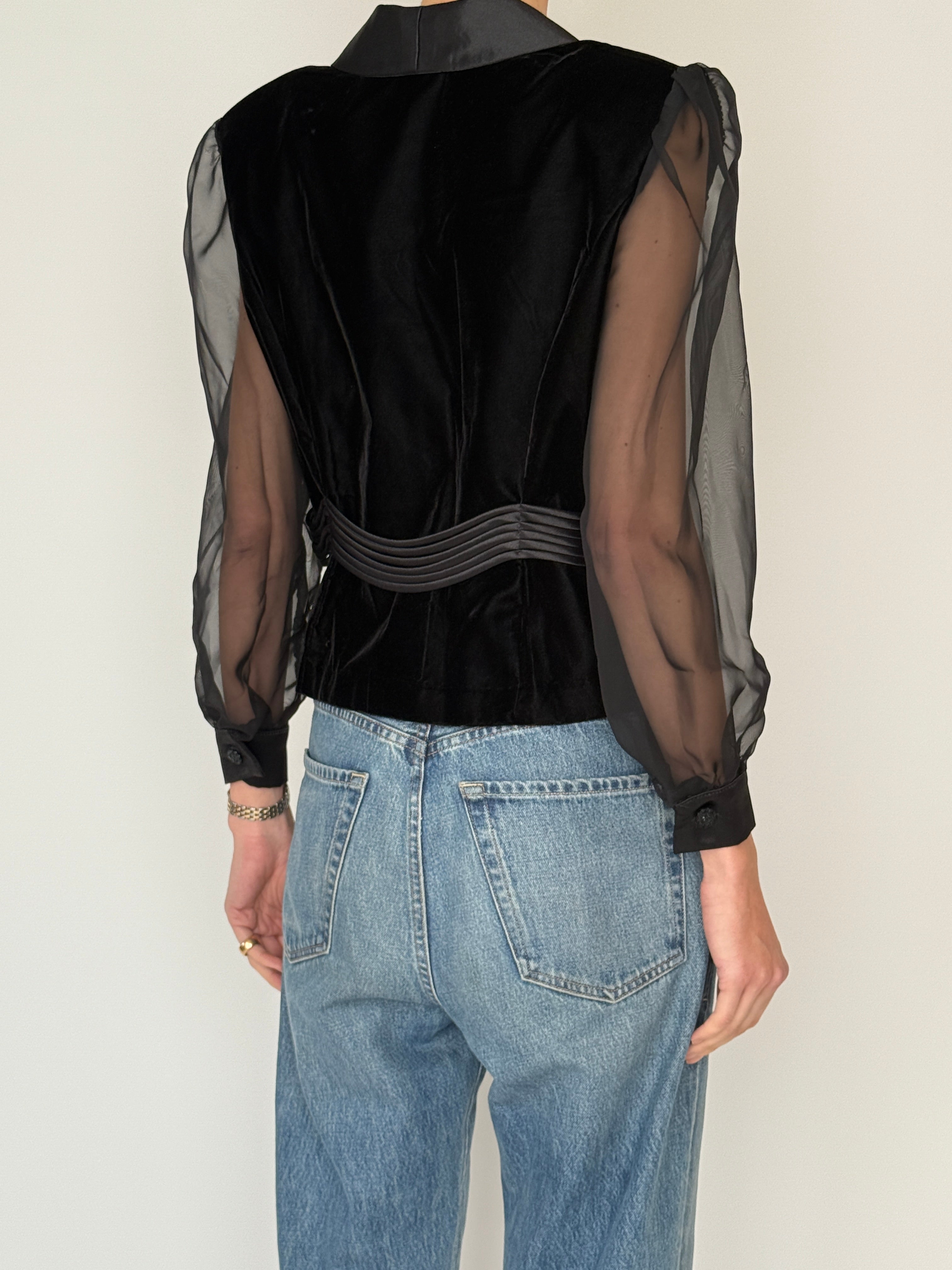 Vintage black velvet sheer sleeve top back view