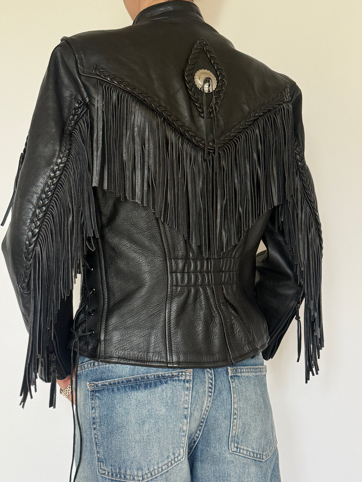 Vintage structured Western fringe motorcycle leather jacket back view
