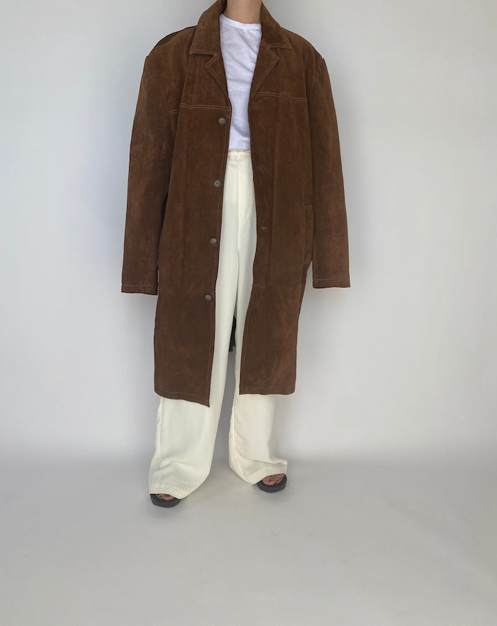 VINTAGE OVERSIZED BROWN LONG SUEDE LEATHER COAT 1124