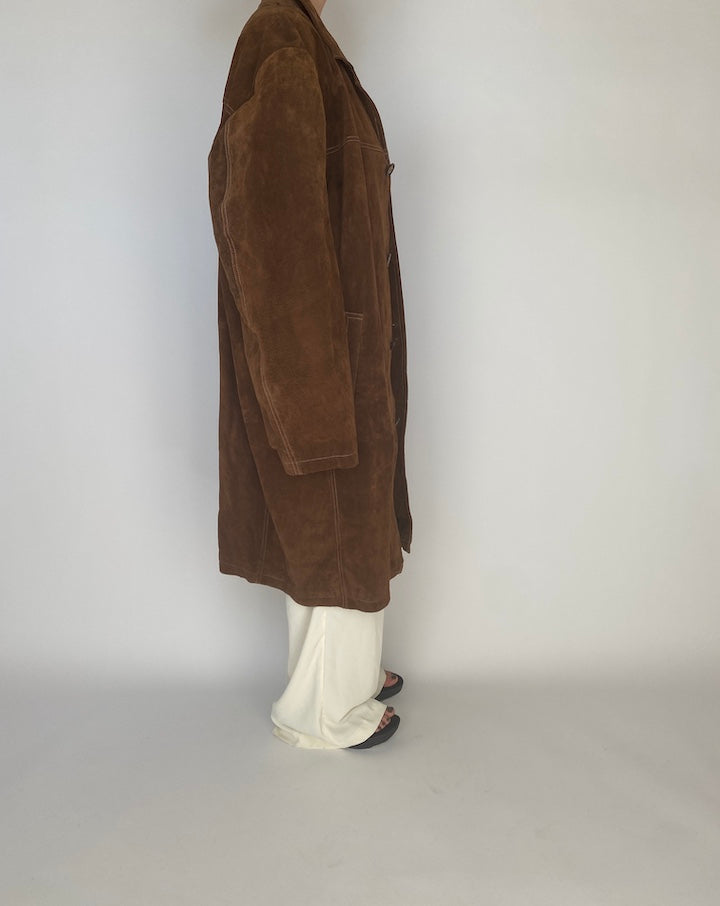 VINTAGE OVERSIZED BROWN LONG SUEDE LEATHER COAT 1124