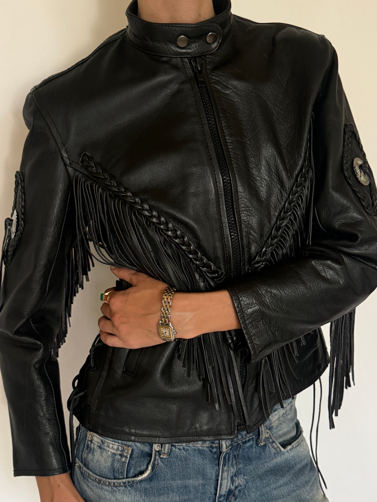 Vintage structured Western fringe motorcycle leather jacket front view