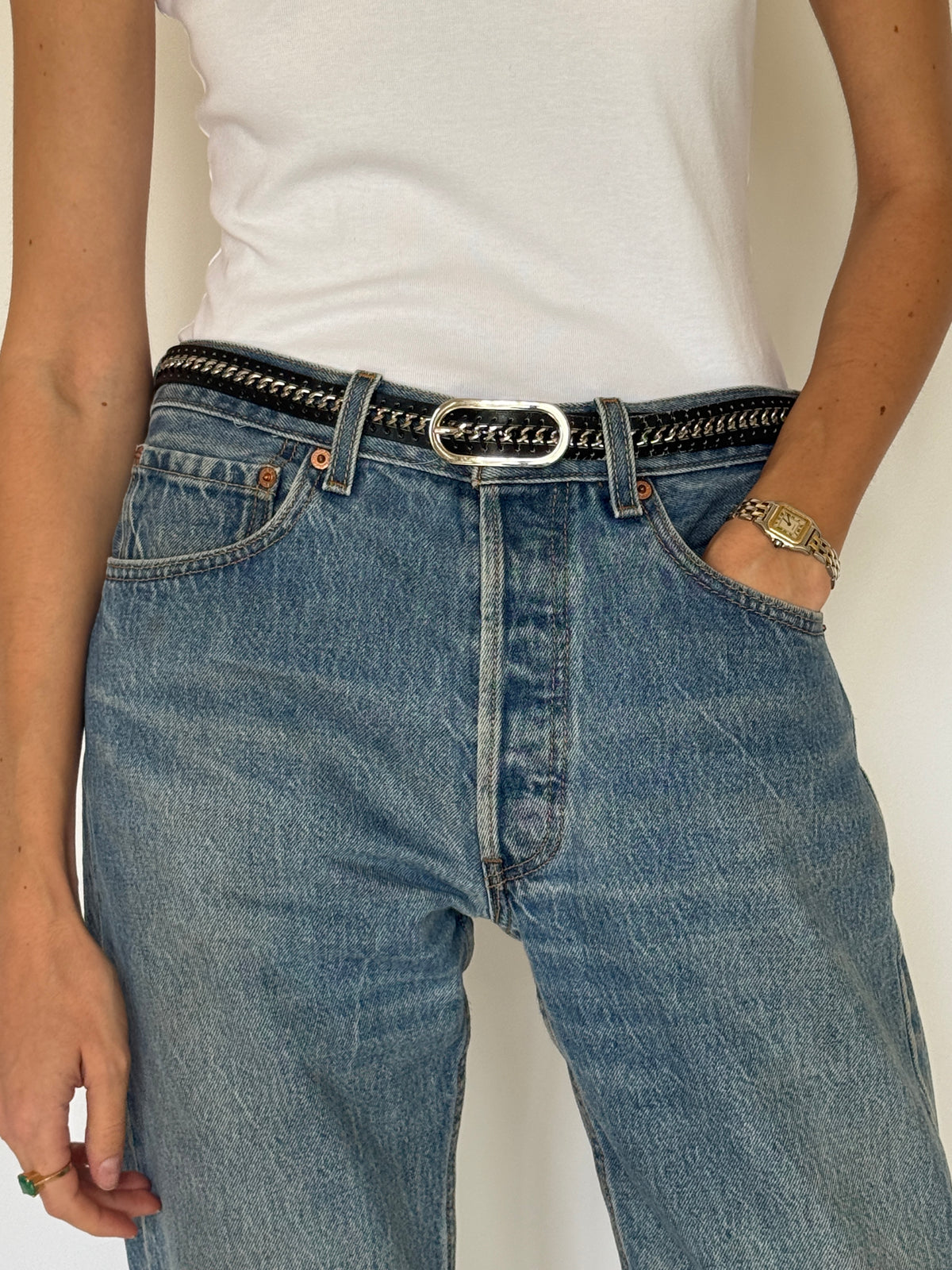 Vintage Black & Silver Leather Belt with Silver Buckle 8484
