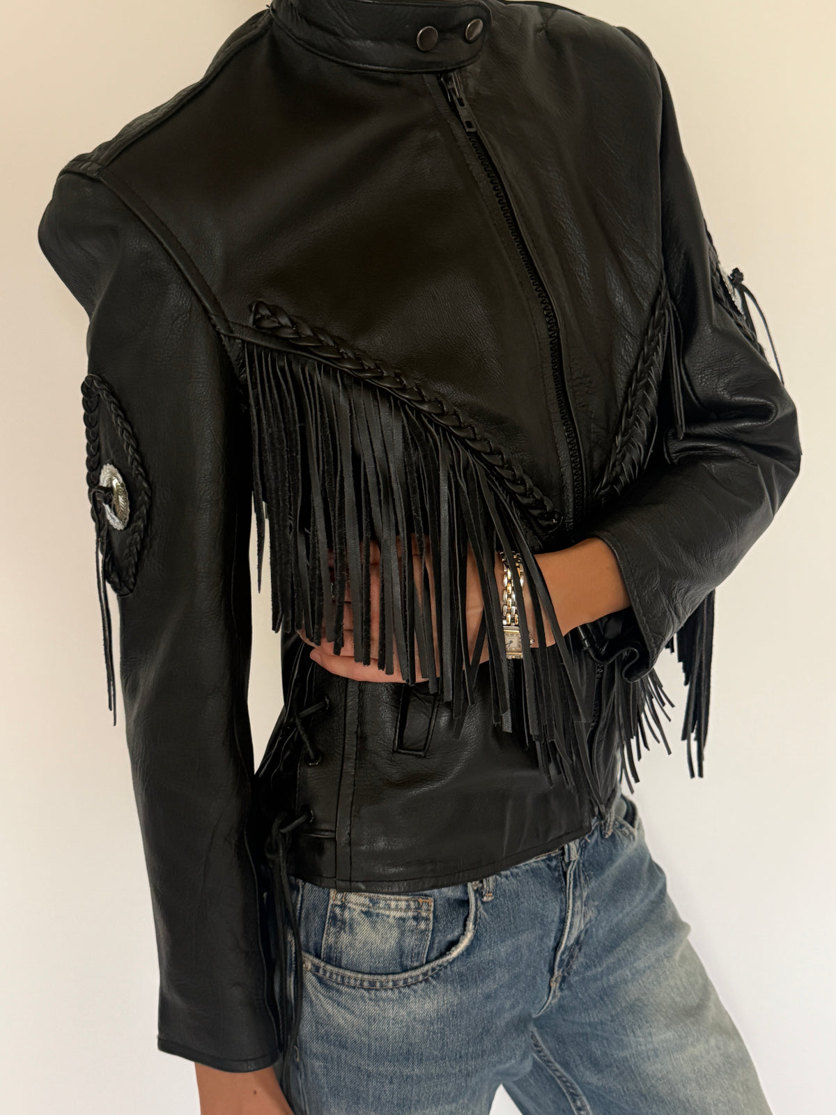 Vintage structured Western fringe motorcycle leather jacket front view