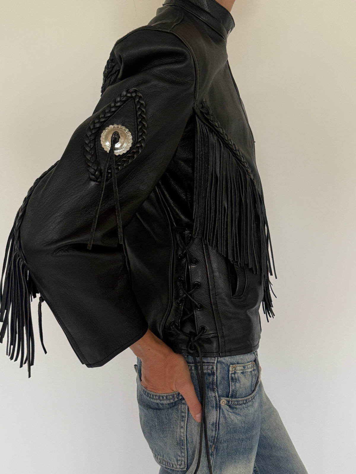 Vintage black motorcycle leather jacket silver-tone concho detail