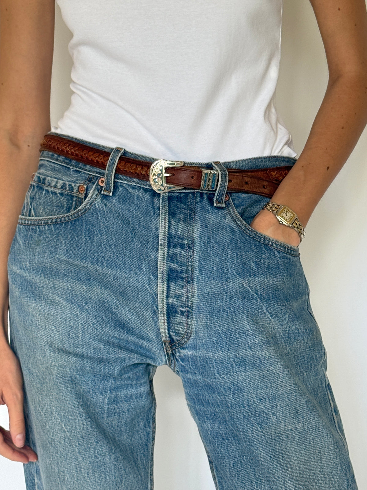 Vintage Braided Western Leather Belt Brown 8486