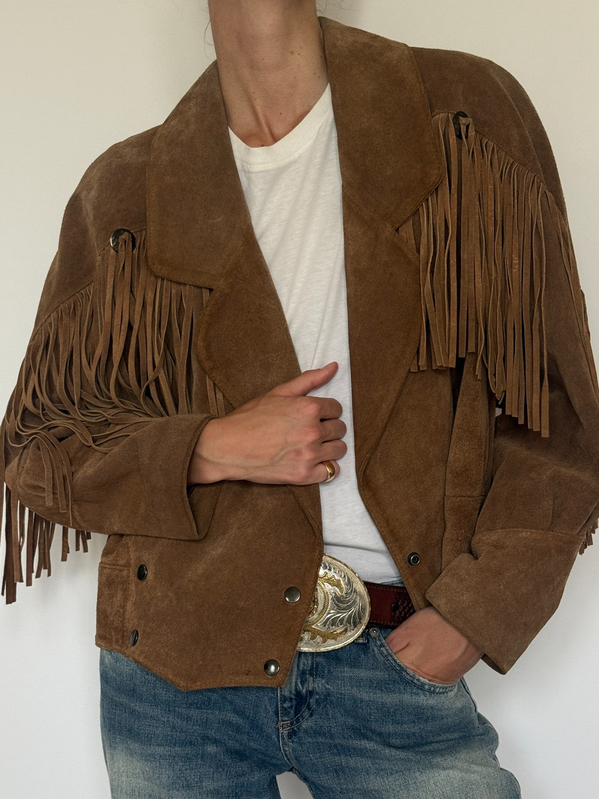Vintage brown suede fringe jacket side profile