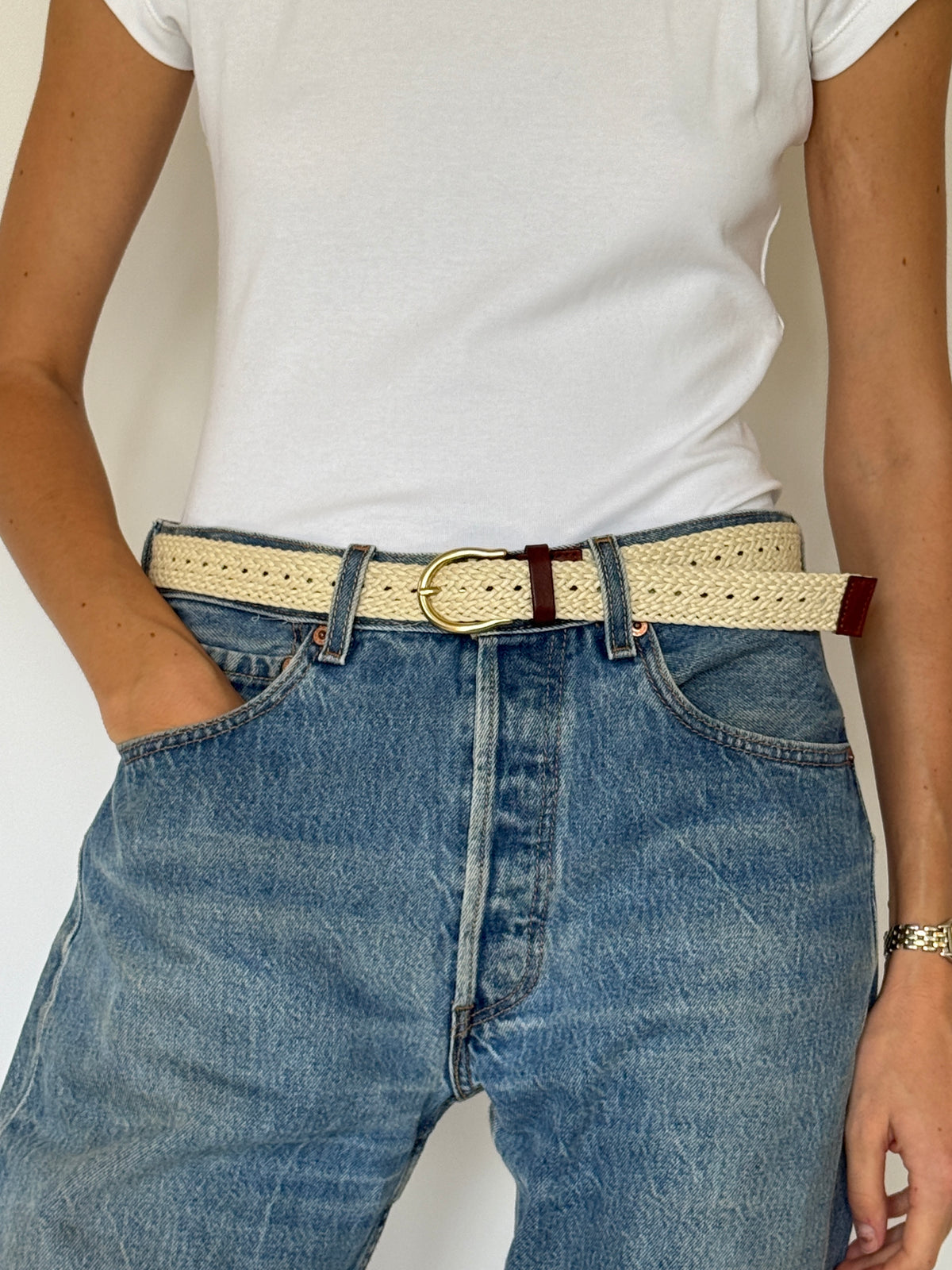 Vintage Belt in Cream with Brown Leather Accents 8488