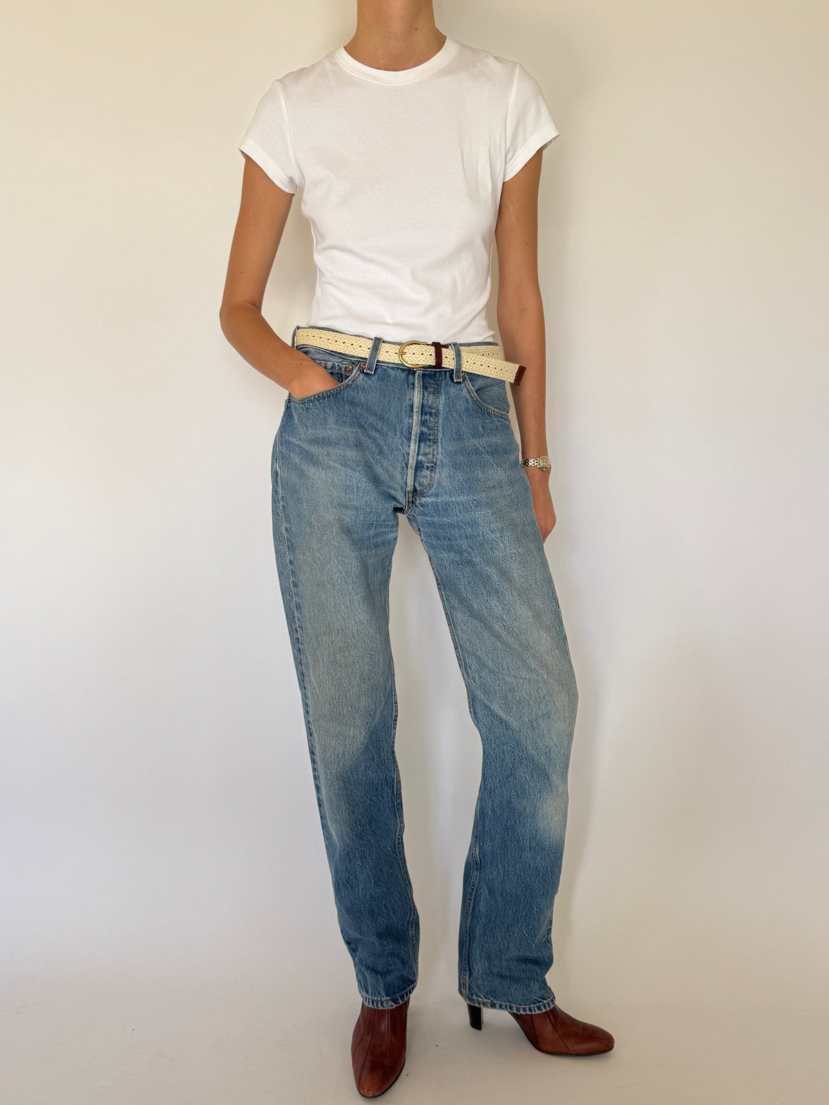 Vintage Belt in Cream with Brown Leather Accents 8488