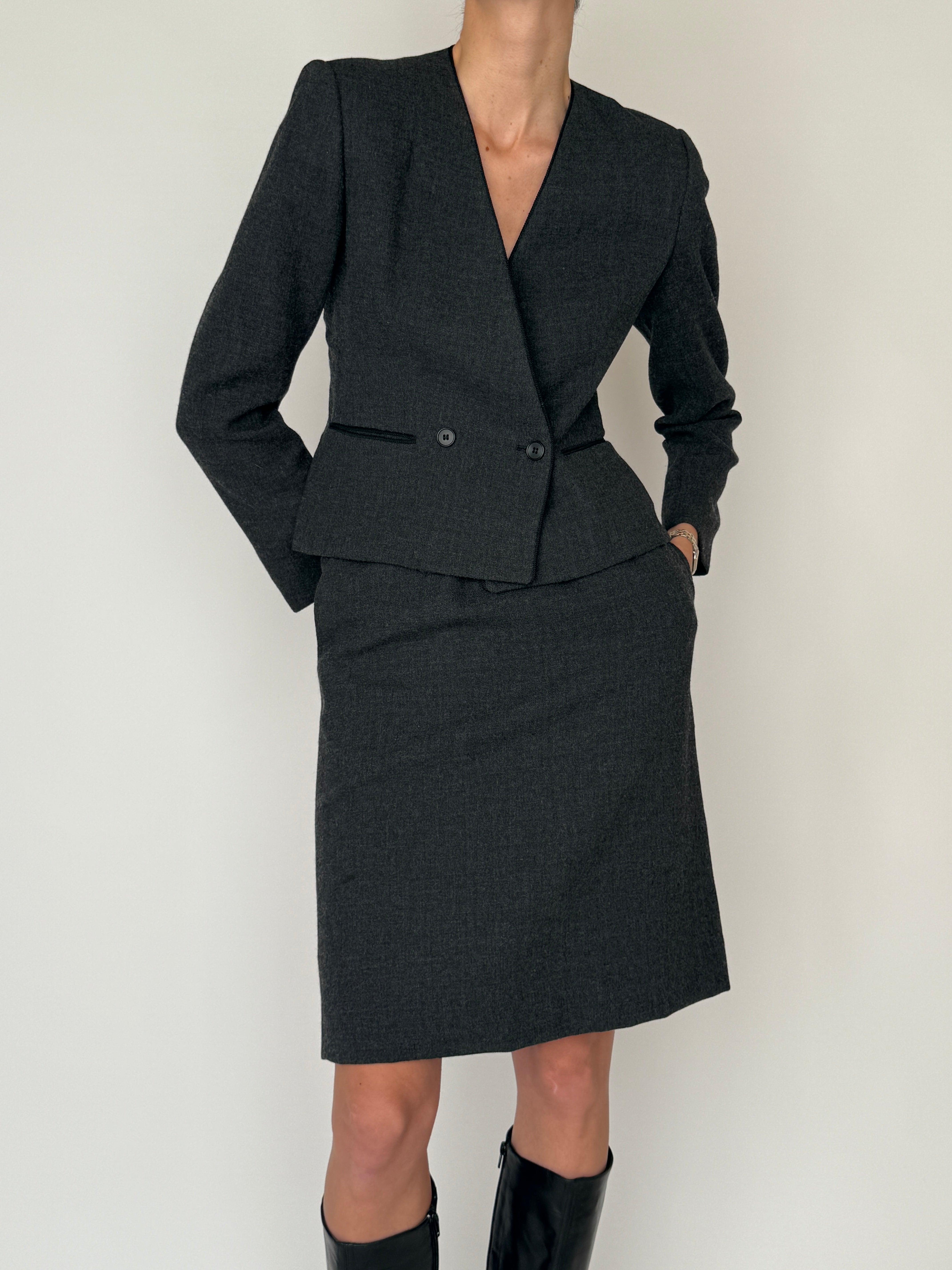 Vintage dark grey wool blazer fabric close-up