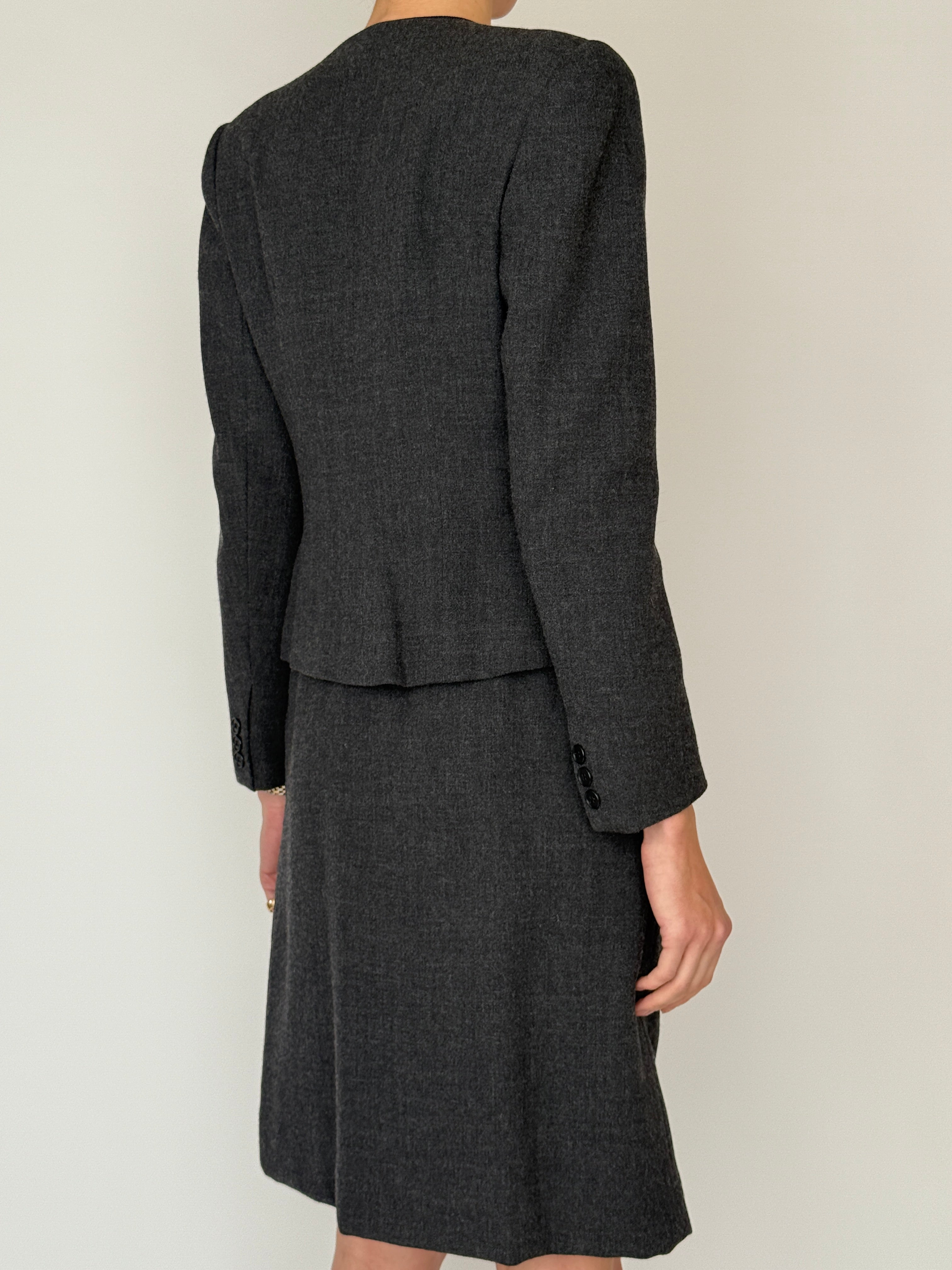 Vintage dark grey wool skirt suit back view