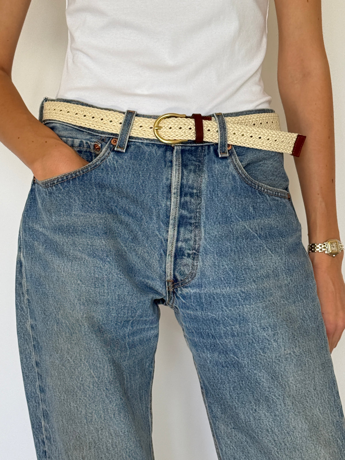 Vintage Belt in Cream with Brown Leather Accents 8488