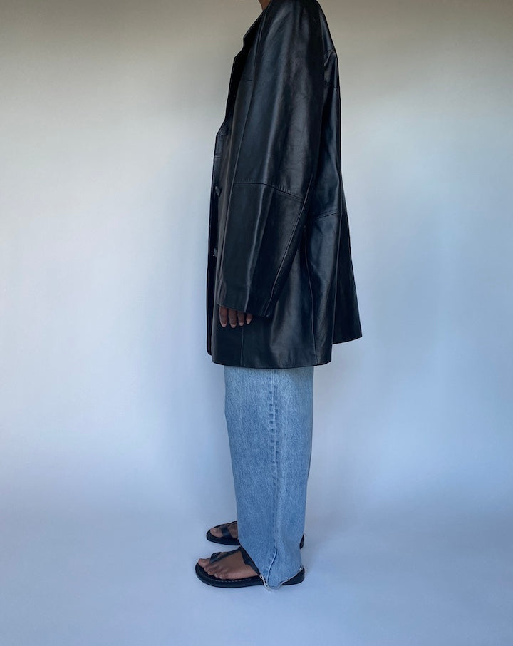 VINTAGE BLACK LONG LEATHER COAT 3495