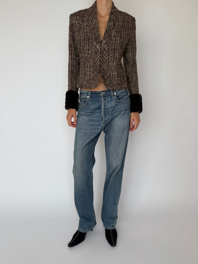 Vintage Tweed Cropped Jacket with Faux Fur Cuffs 6542