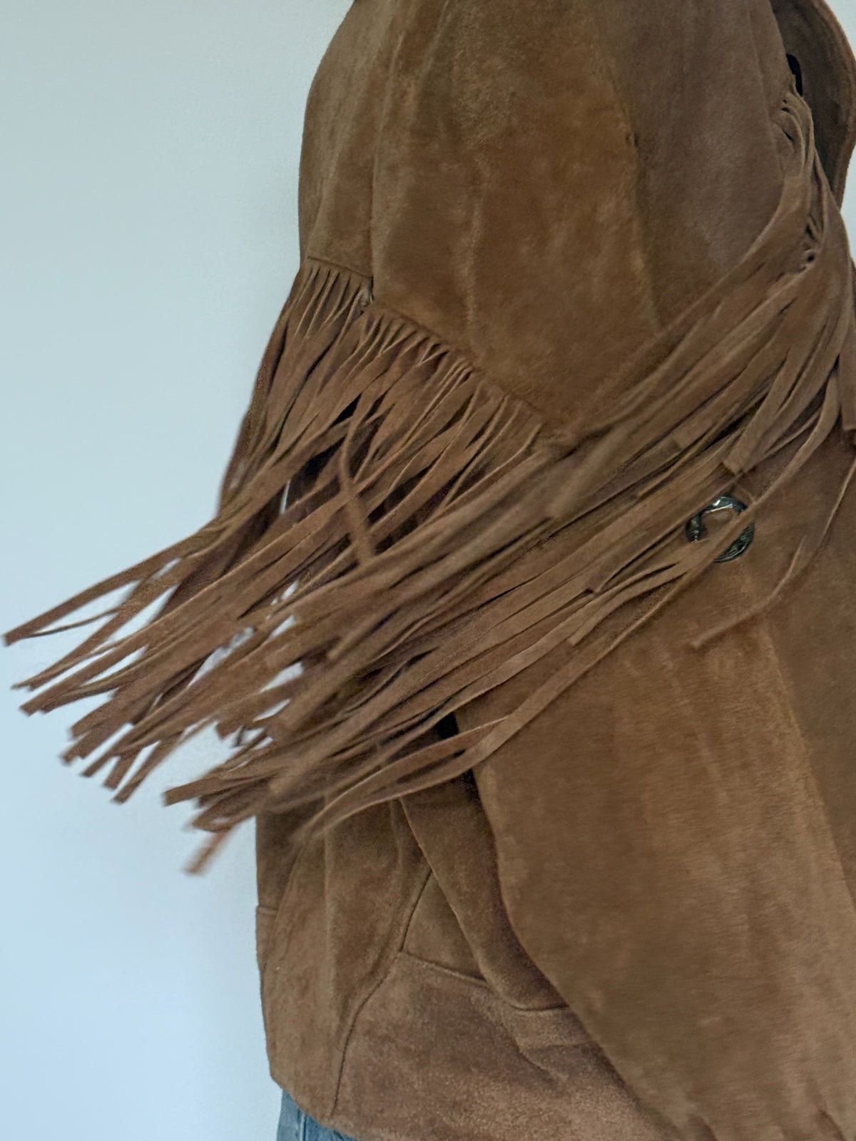 Vintage brown suede fringe jacket styled front angle