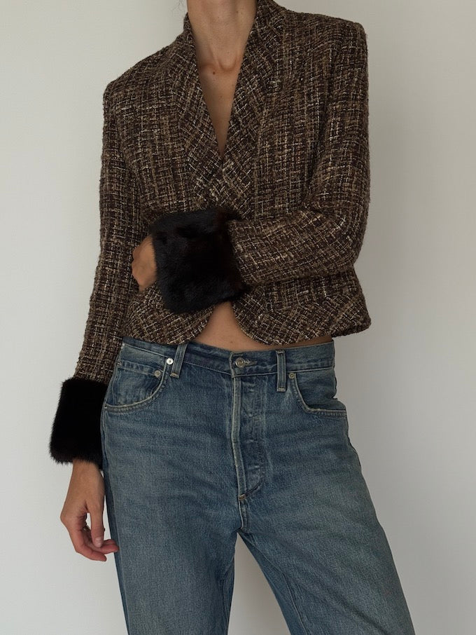 Vintage Tweed Cropped Jacket with Faux Fur Cuffs 6542