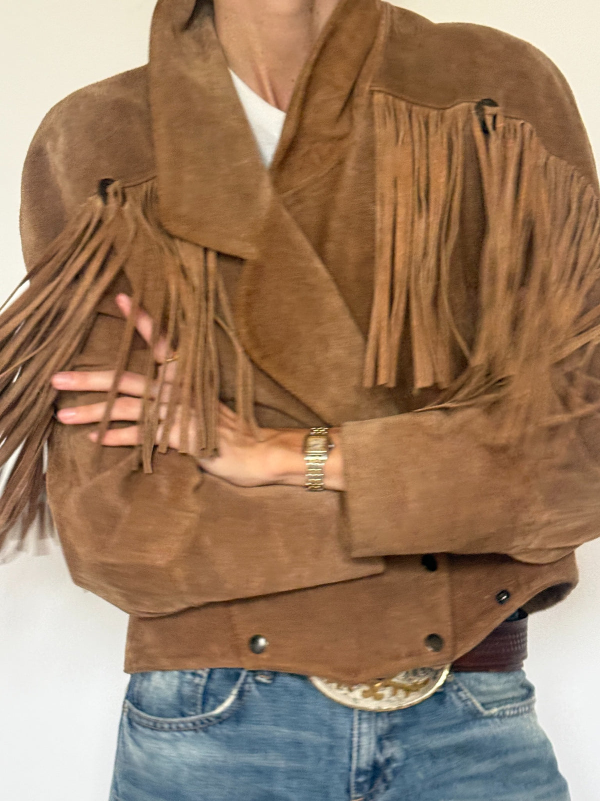 Vintage brown suede fringe jacket front detail