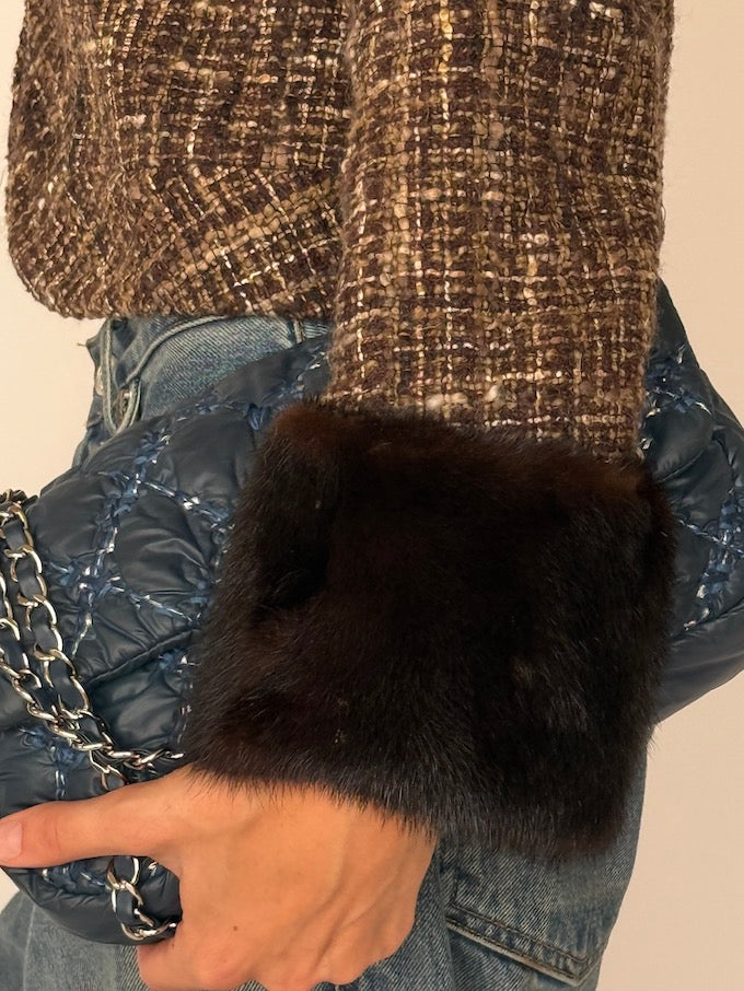 Vintage Tweed Cropped Jacket with Faux Fur Cuffs 6542
