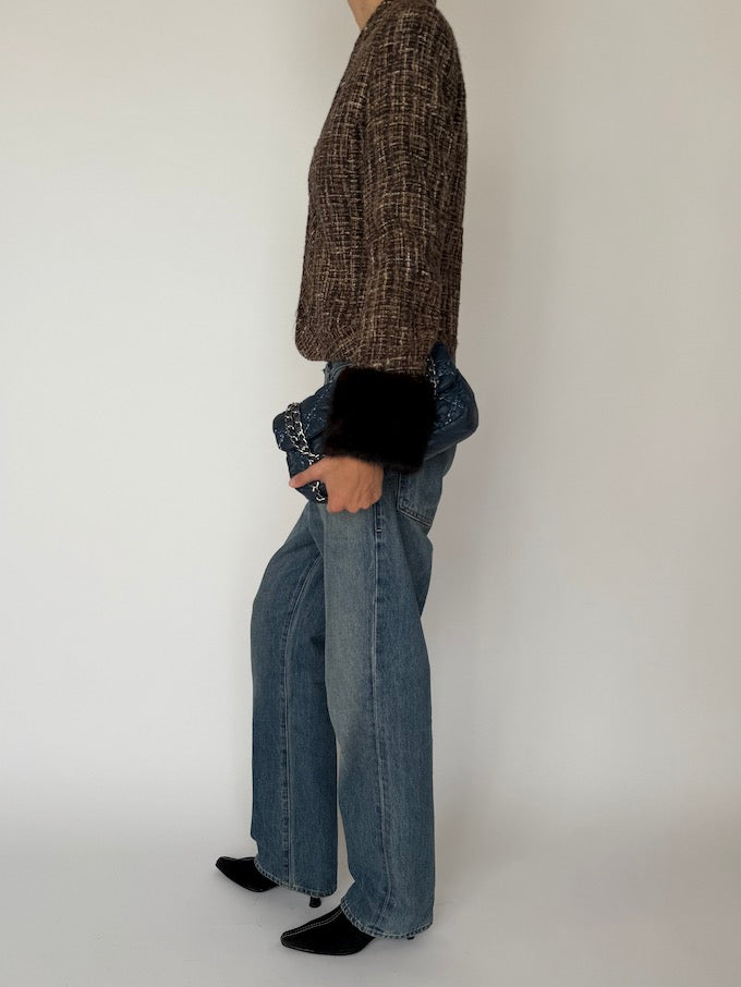 Vintage Tweed Cropped Jacket with Faux Fur Cuffs 6542