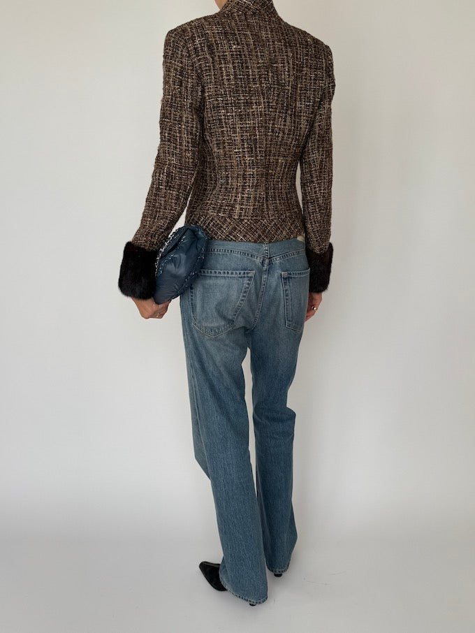 Vintage Tweed Cropped Jacket with Faux Fur Cuffs 6542