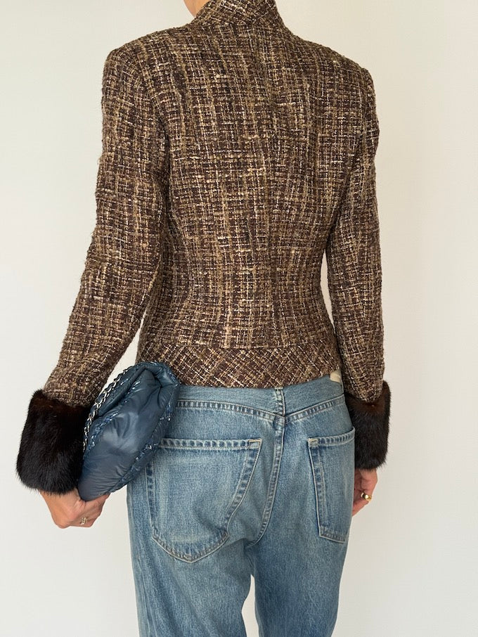 Vintage Tweed Cropped Jacket with Faux Fur Cuffs 6542