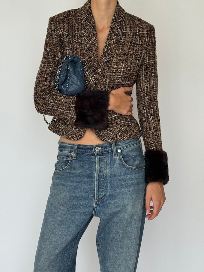 Vintage Tweed Cropped Jacket with Faux Fur Cuffs 6542