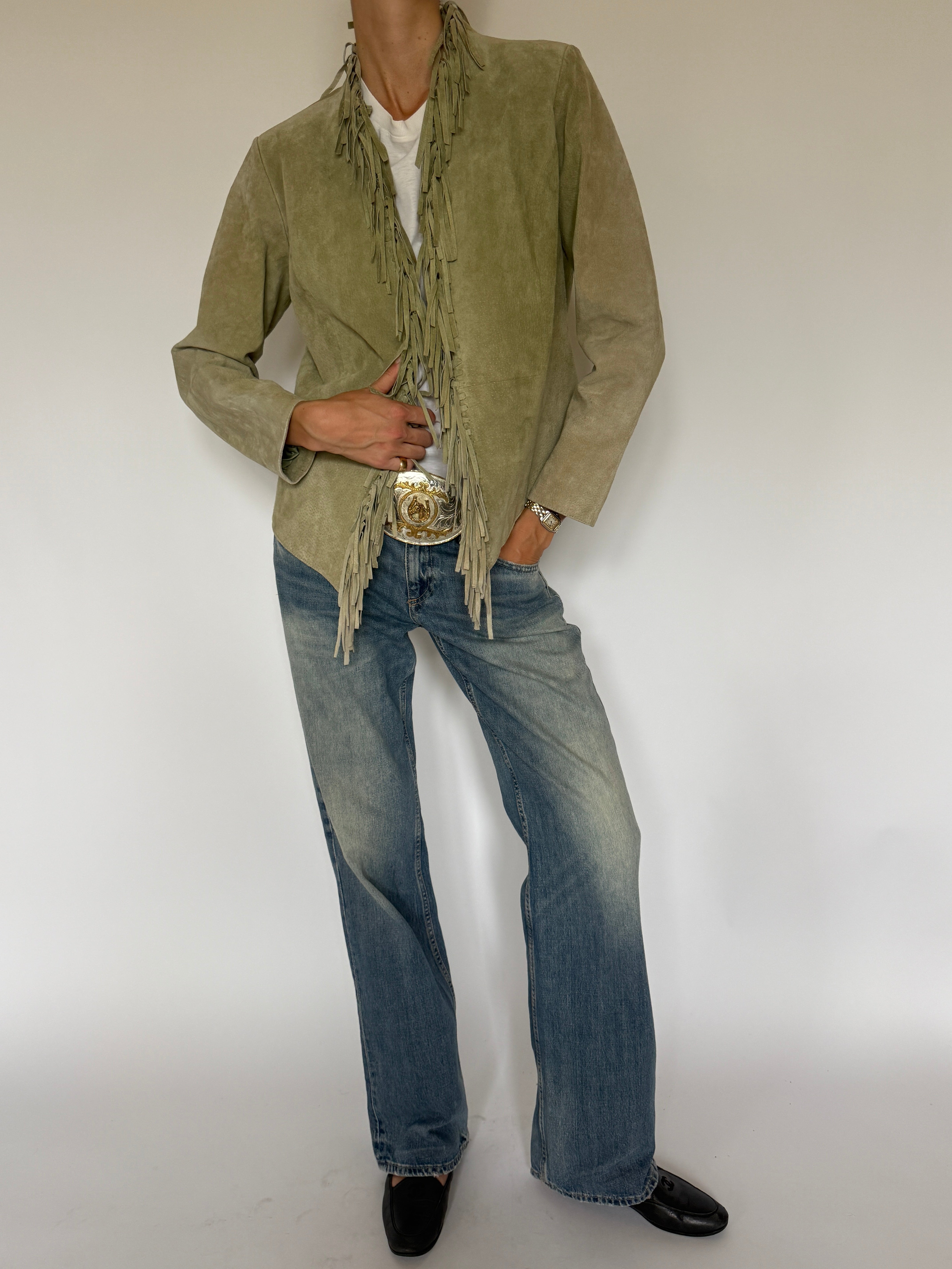Vintage muted sage green fringe suede jacket front view