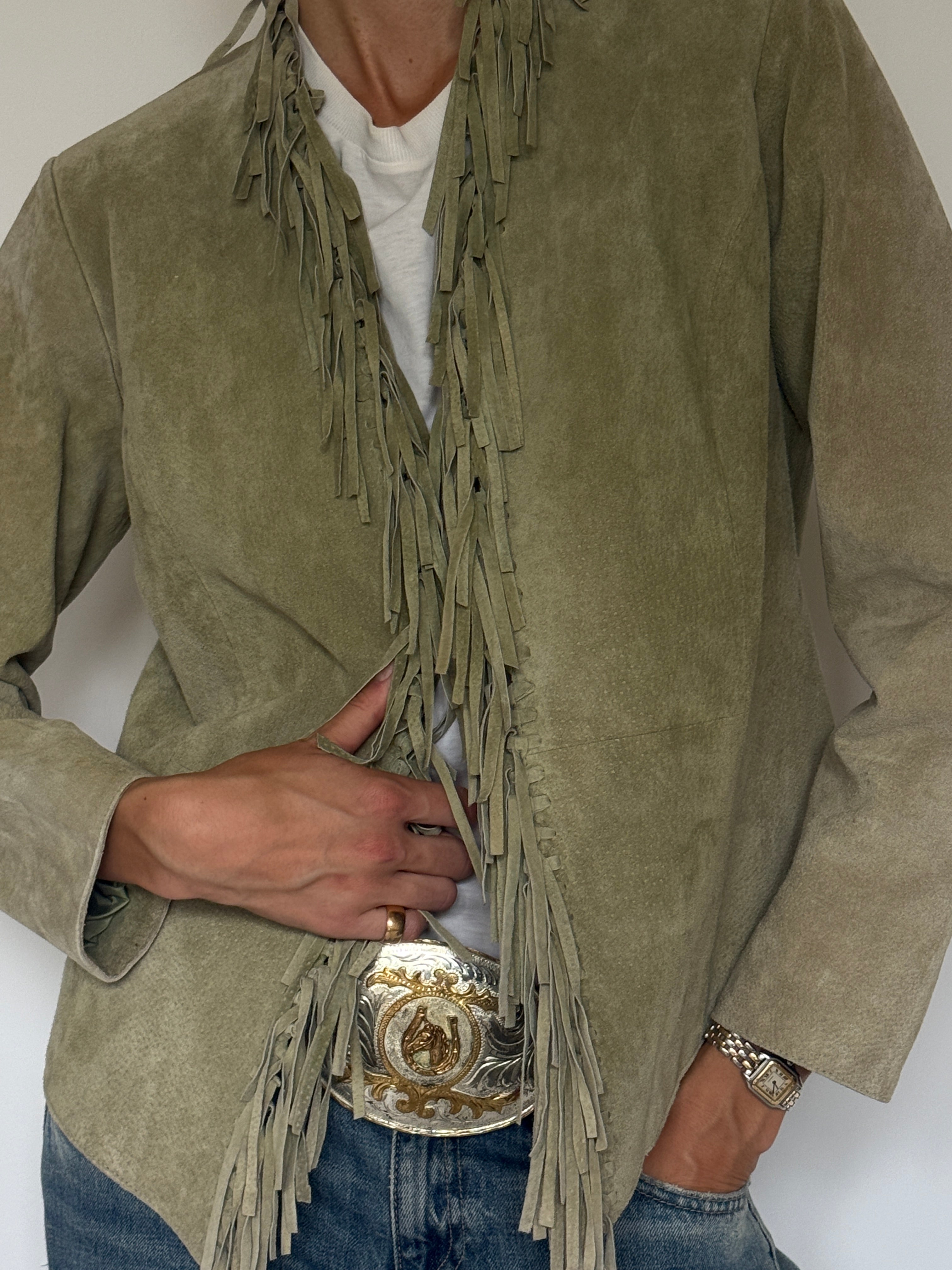 Vintage muted sage green suede jacket cascading fringe detail