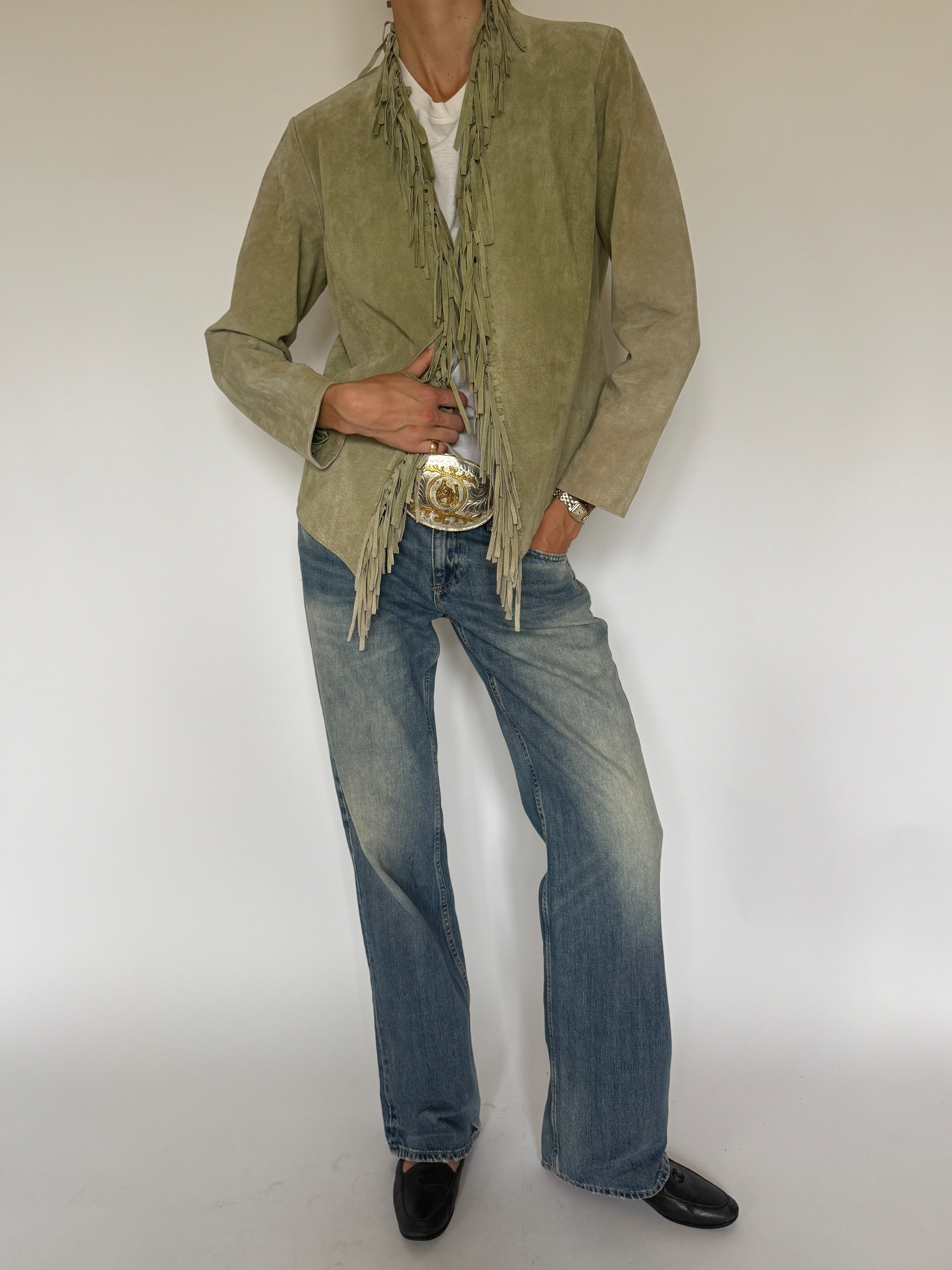 Vintage muted sage green suede jacket cascading fringe detail