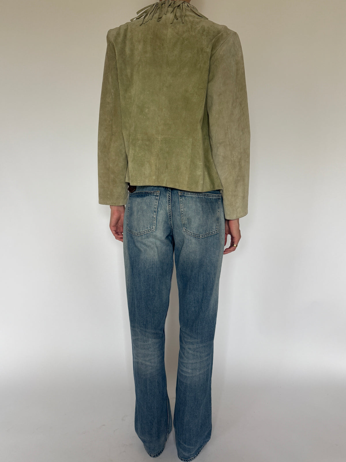 Vintage muted sage green fringe suede jacket back view