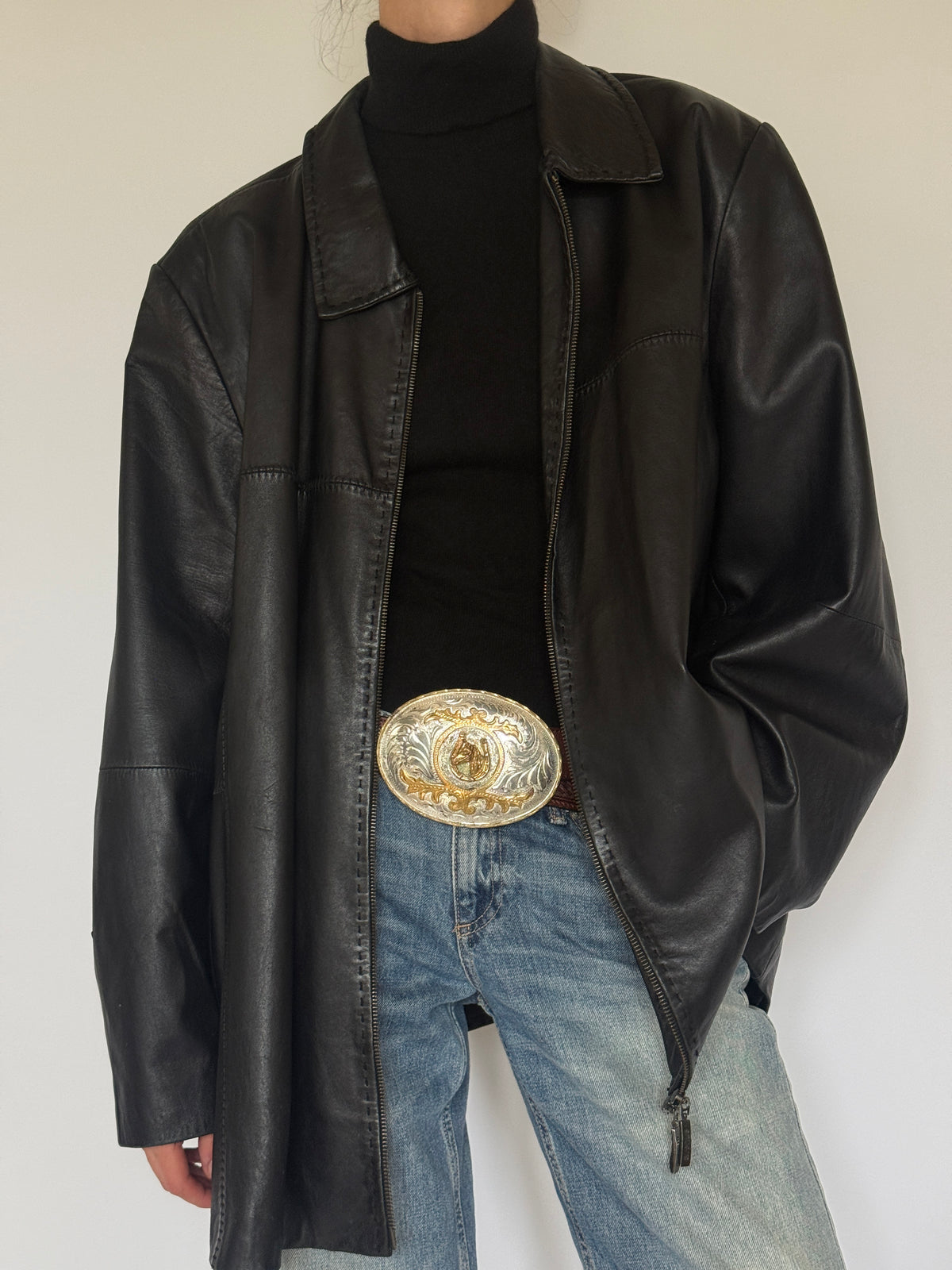 Vintage Oversized Leather Zip Jacket Black 7298