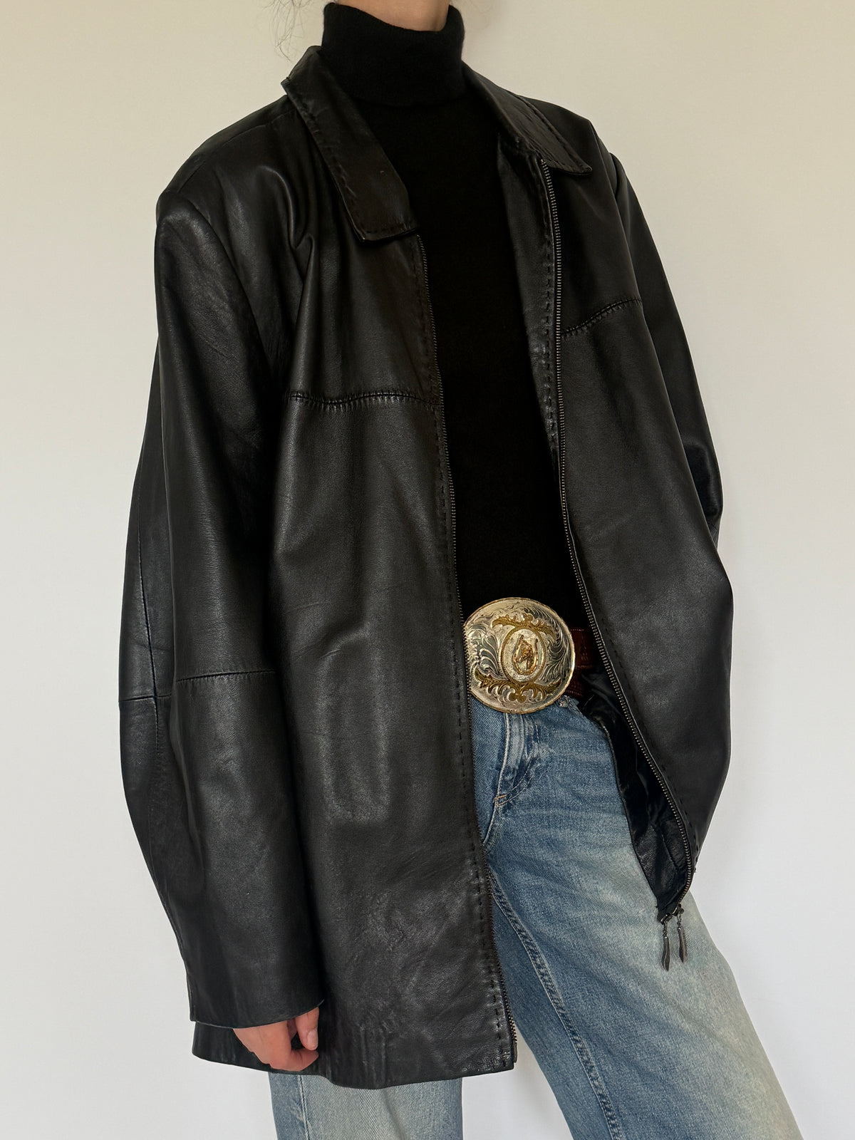Vintage Oversized Leather Zip Jacket Black 7298