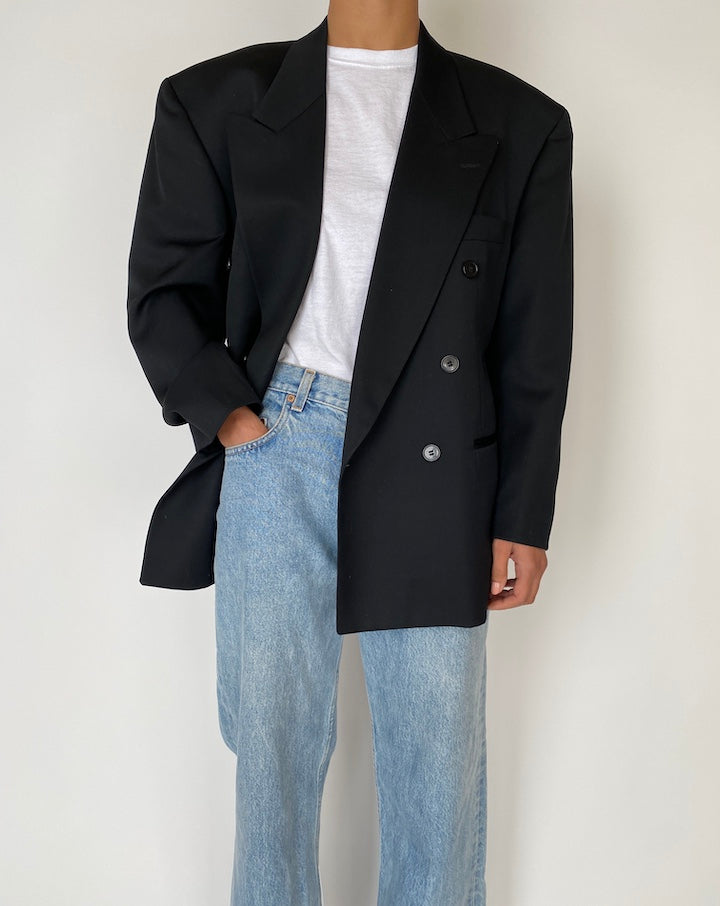 VINTAGE DOUBLE BREASTED BLACK WOOL BLAZER 2541