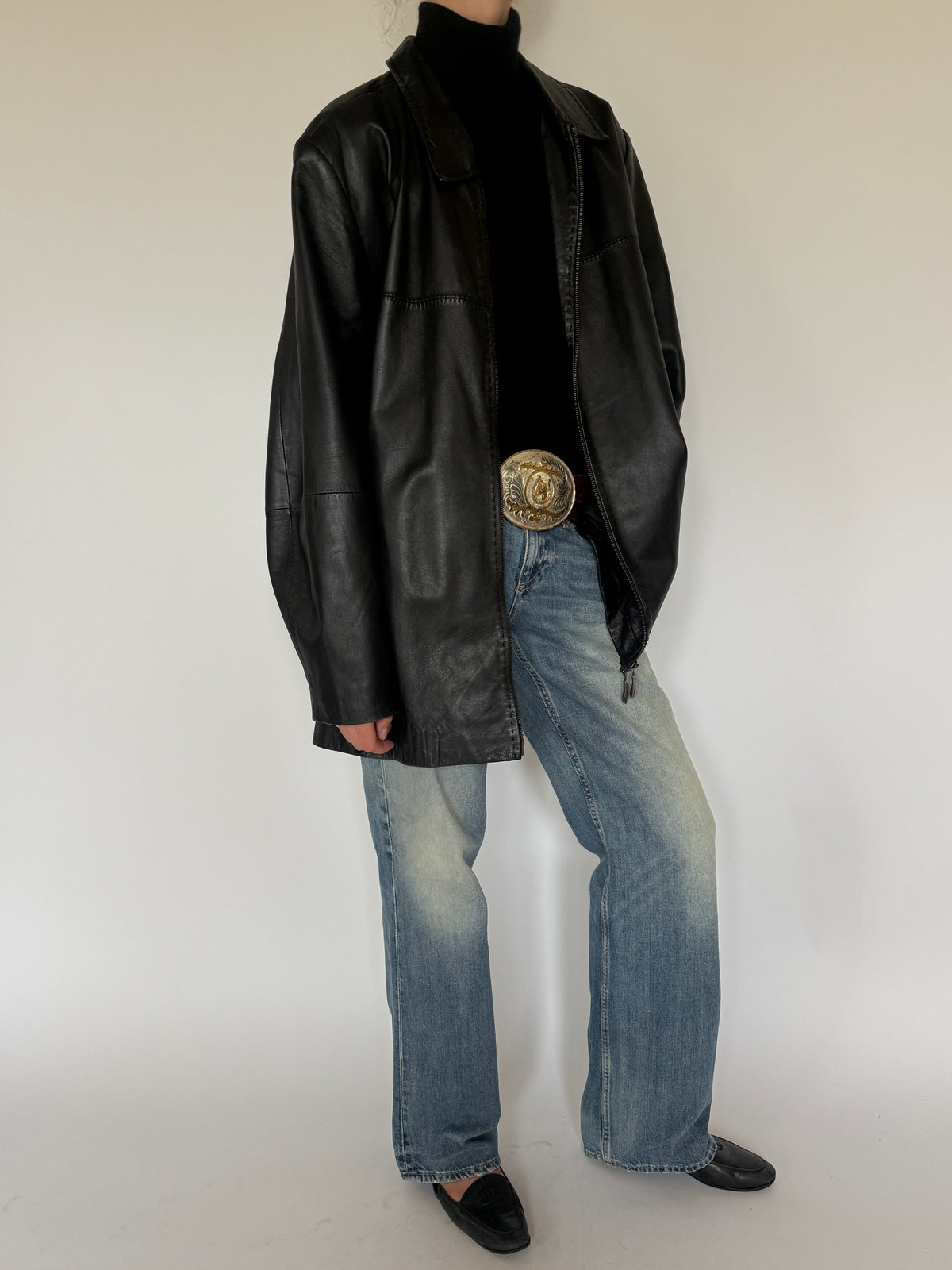Vintage Oversized Leather Zip Jacket Black 7298