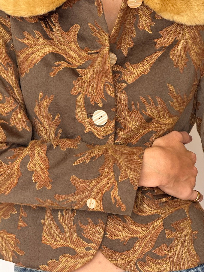 Vintage Jacquard Jacket with Faux Fur Collar 6544
