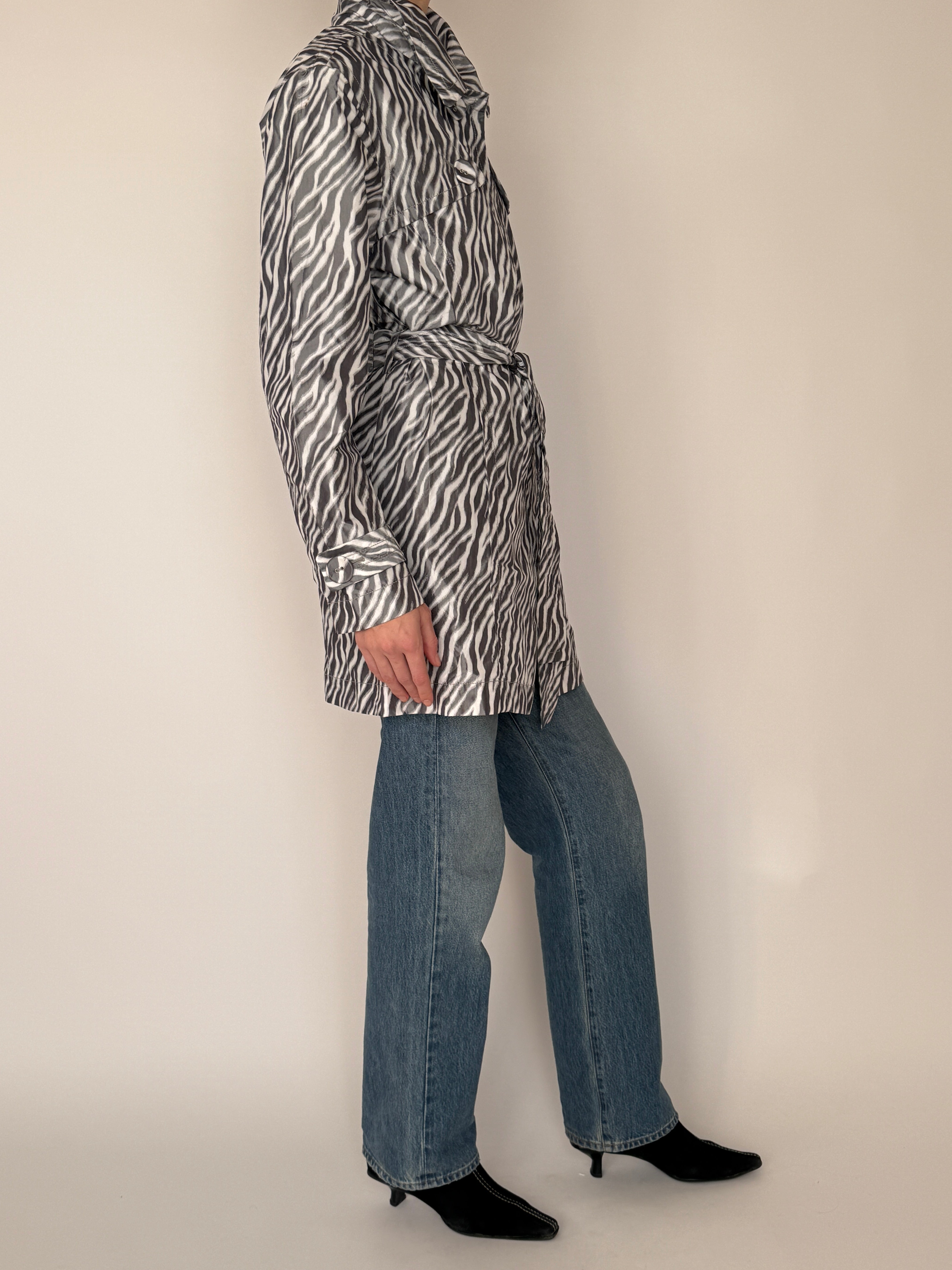 Vintage zebra print trench coat side view