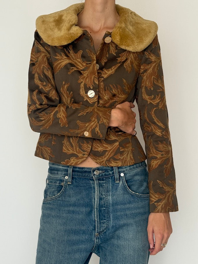 Vintage Jacquard Jacket with Faux Fur Collar 6544