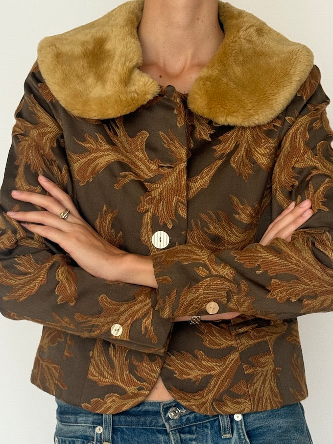 Vintage Jacquard Jacket with Faux Fur Collar 6544